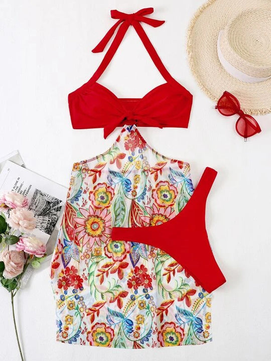 Damen Bikini-Set mit verspieltem Knotendesign und floralem Wickelrock R&B