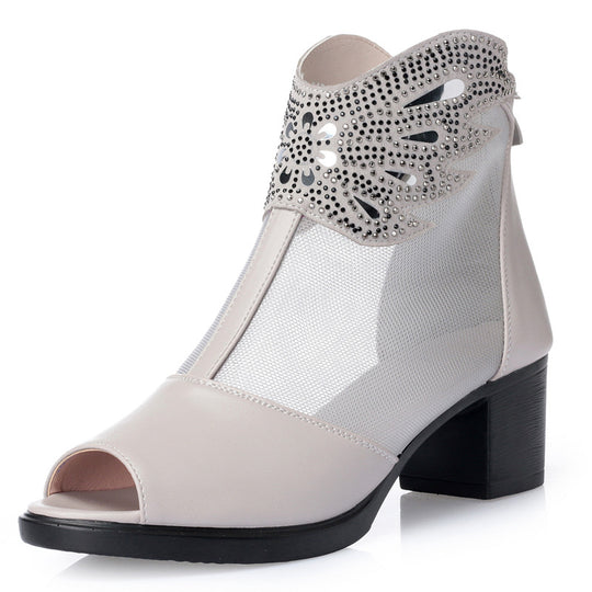 Damen Offene Stiefeletten mit transparentem Mesh-Einsatz und funkelnden Verzierungen R&B