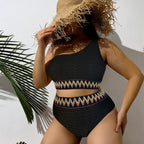 Damen Hochtailliertes Bikini-Set mit asymmetrischem Oberteil und dekorativem Muster R&B