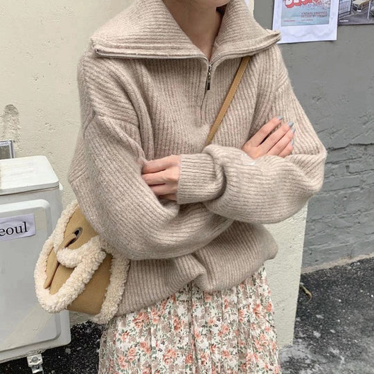 Damen Leichter Strickpullover mit hohem Kragen und Reißverschluss R&B