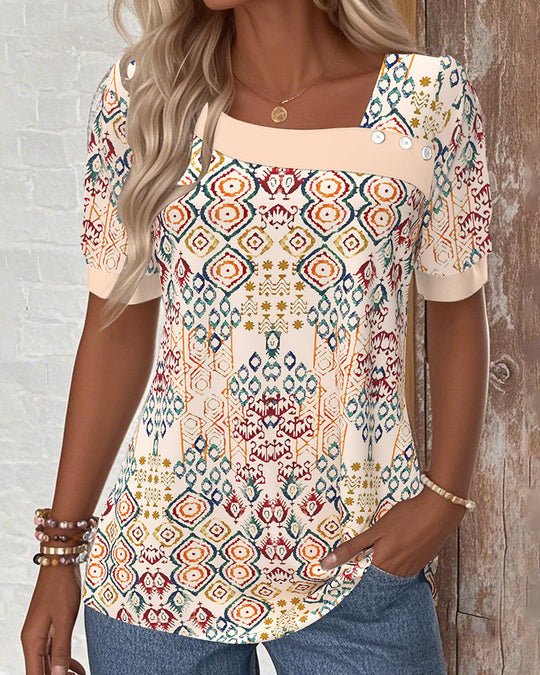 Damen nan Boho-Print Kurzarmshirt mit eckigem Ausschnitt, Kontrastblende und abgerundetem Saum R&B
