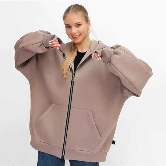 Damen lässiger Oversized Zip-Hoodie mit tiefen Taschen R&B