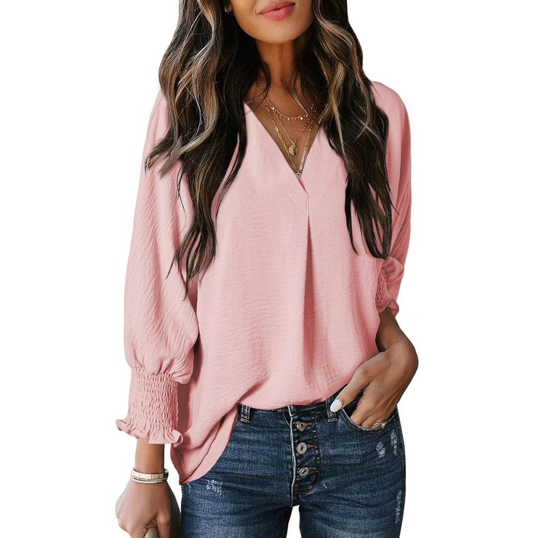 Damen V-Ausschnitt Bluse mit lässigen Ballonärmeln und Rüschendetails R&B