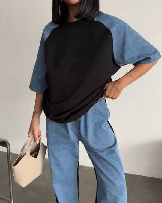 Damen lässiges Sportanzug-Set mit oversized Oberteil und weitem Bein R&B