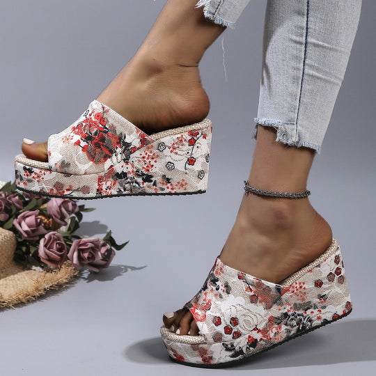 Damen Wedge-Pantoletten mit floralem Print und rutschfester Sohle R&B
