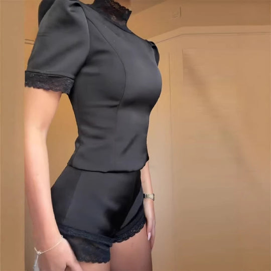 Damen Satin Schlafshorts mit Spitzenverzierung R&B