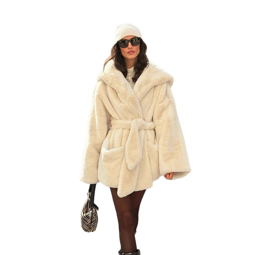 Damen Oversized Kuscheljacke mit Gürtel und hohem Kragen R&B