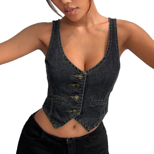 Damen Denim Bustier-Top mit Knopfdetails und verlängerter Silhouette R&B