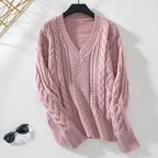 Damen modischer Strickpullover mit tiefem V-Ausschnitt und Zopfmuster