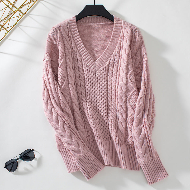 Damen modischer Strickpullover mit tiefem V-Ausschnitt und Zopfmuster