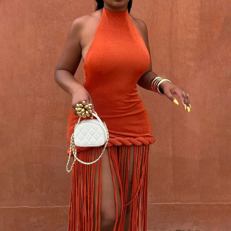 Damen Freizeitkleid mit Bambus-Borten und schimmerndem Stoff R&B