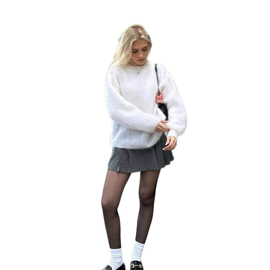 Damen lässiger Strickpullover mit voluminösen Ärmeln und hochwertiger Mohair-Optik R&B