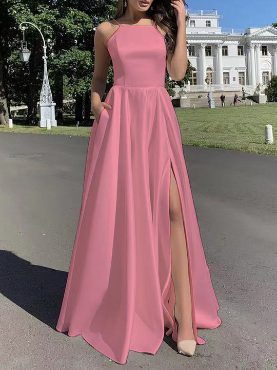 Damen Abendkleid mit raffiniertem Beinschlitz und schmalen Trägern R&B
