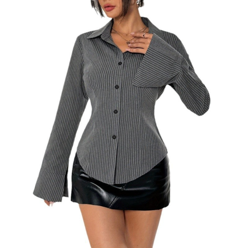 Damen Elegante Hemdbluse mit gestreiftem Design und weit ausgestellten Ärmeln R&B