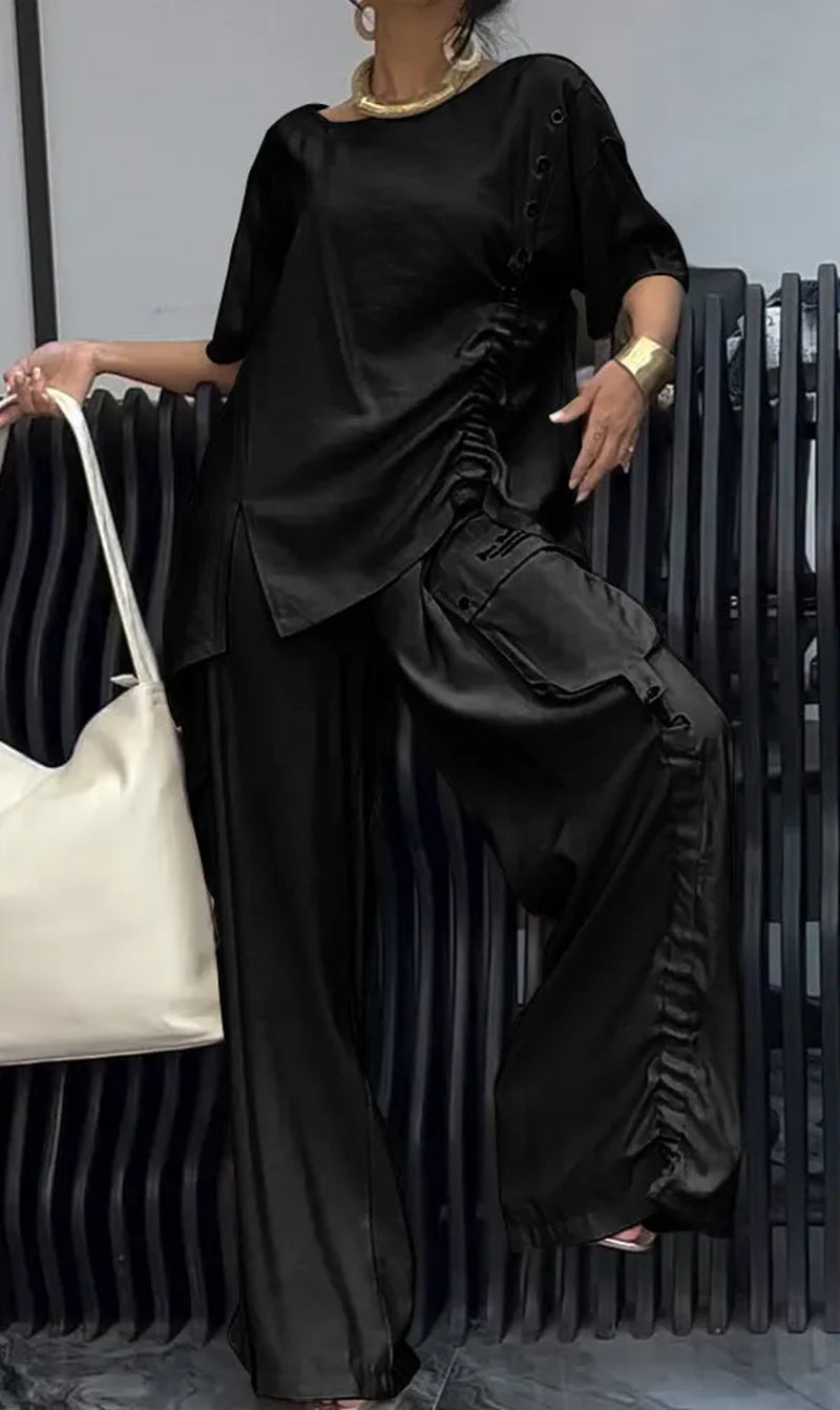 Damen nan lässiges zweiteiliges Ensemble mit geraffter Oversize-Bluse und Cargo-Palazzohose R&B