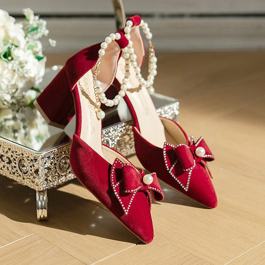 Damen elegante Pumps mit Perlenschleifen und Blockabsatz R&B