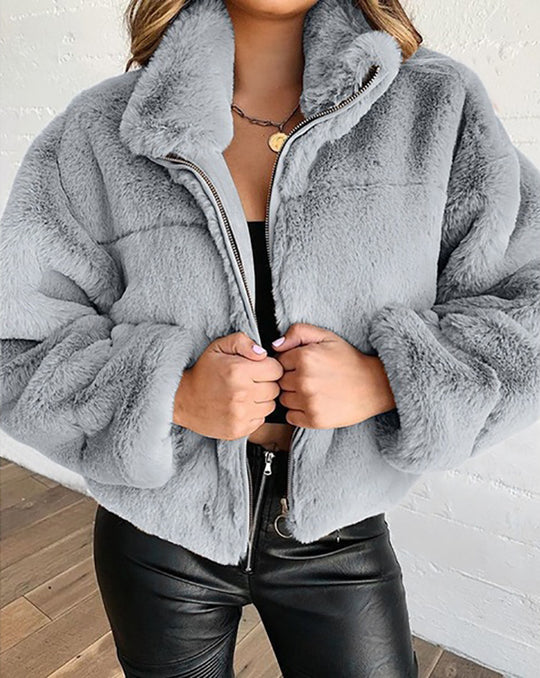 Damen Flauschige Trendjacke mit hohem Kragen R&B