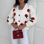 Damen Strickjacke mit floralen Applikationen und voluminösen Ärmeln R&B