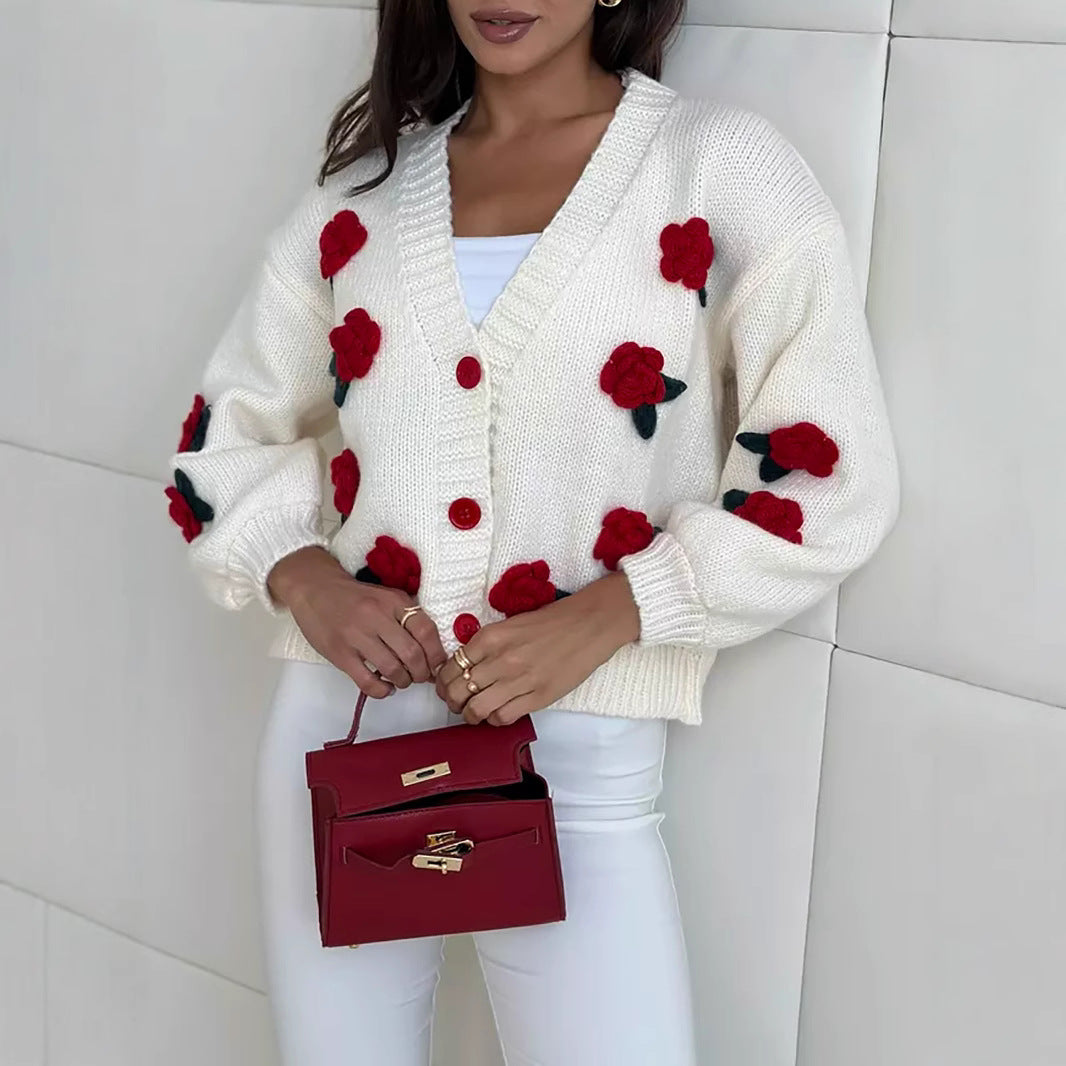 Damen Strickjacke mit floralen Applikationen und voluminösen Ärmeln R&B
