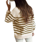Damen Streifenstrickpullover mit Knopfleiste und weitem Schnitt R&B