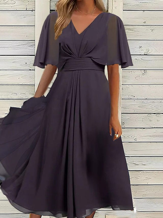 Damen elegantes Maxikleid mit fließenden Ärmeln und V-Ausschnitt R&B