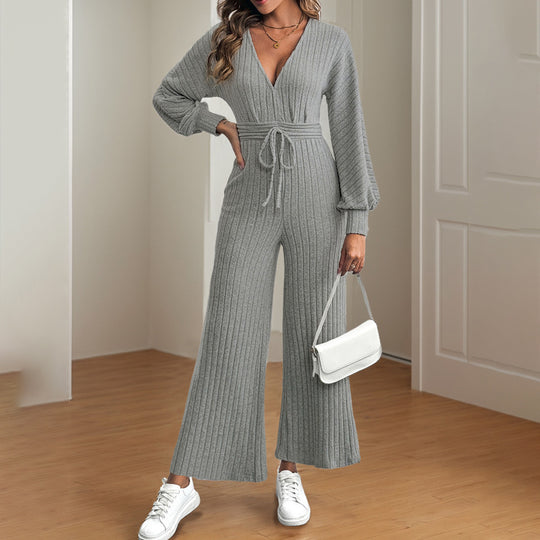 Damen legerer Strick-Jumpsuit mit weitem Bein und Taillengürtel R&B