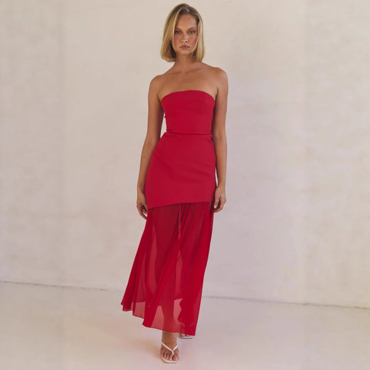 Damen Elegantes Bandeau-Maxi-Kleid mit fließendem Chiffon-Rock und figurbetontem Oberteil R&B
