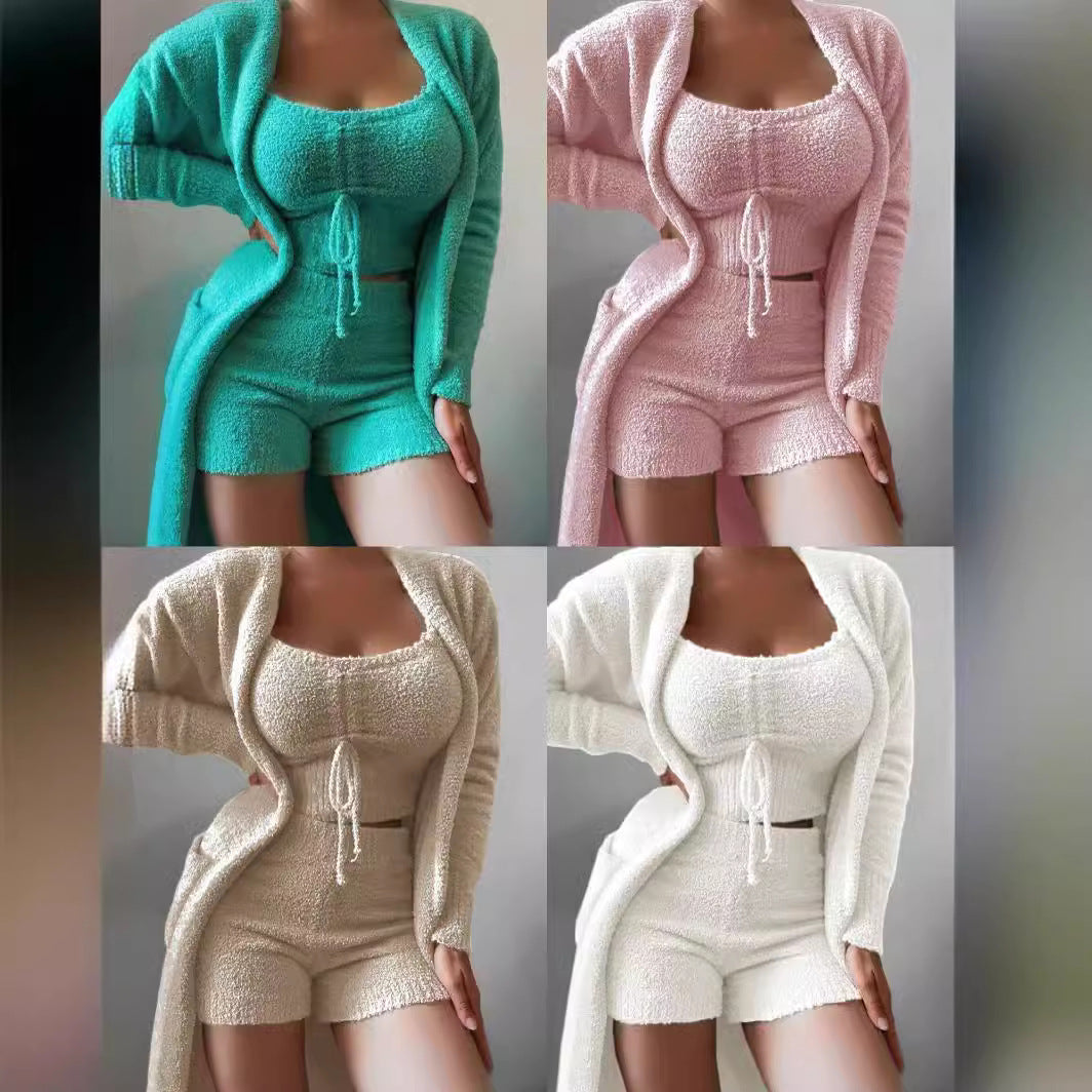 Damen nan luxuriöses Teddy-Fleece Lounge-Set mit Longcardigan, gerafftem Cropped-Bustier und Highwaist-Hose R&B