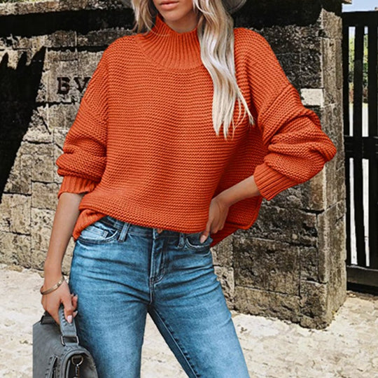 Damen Grobstrickpullover mit hohem Kragen und lässigen Ärmeln R&B