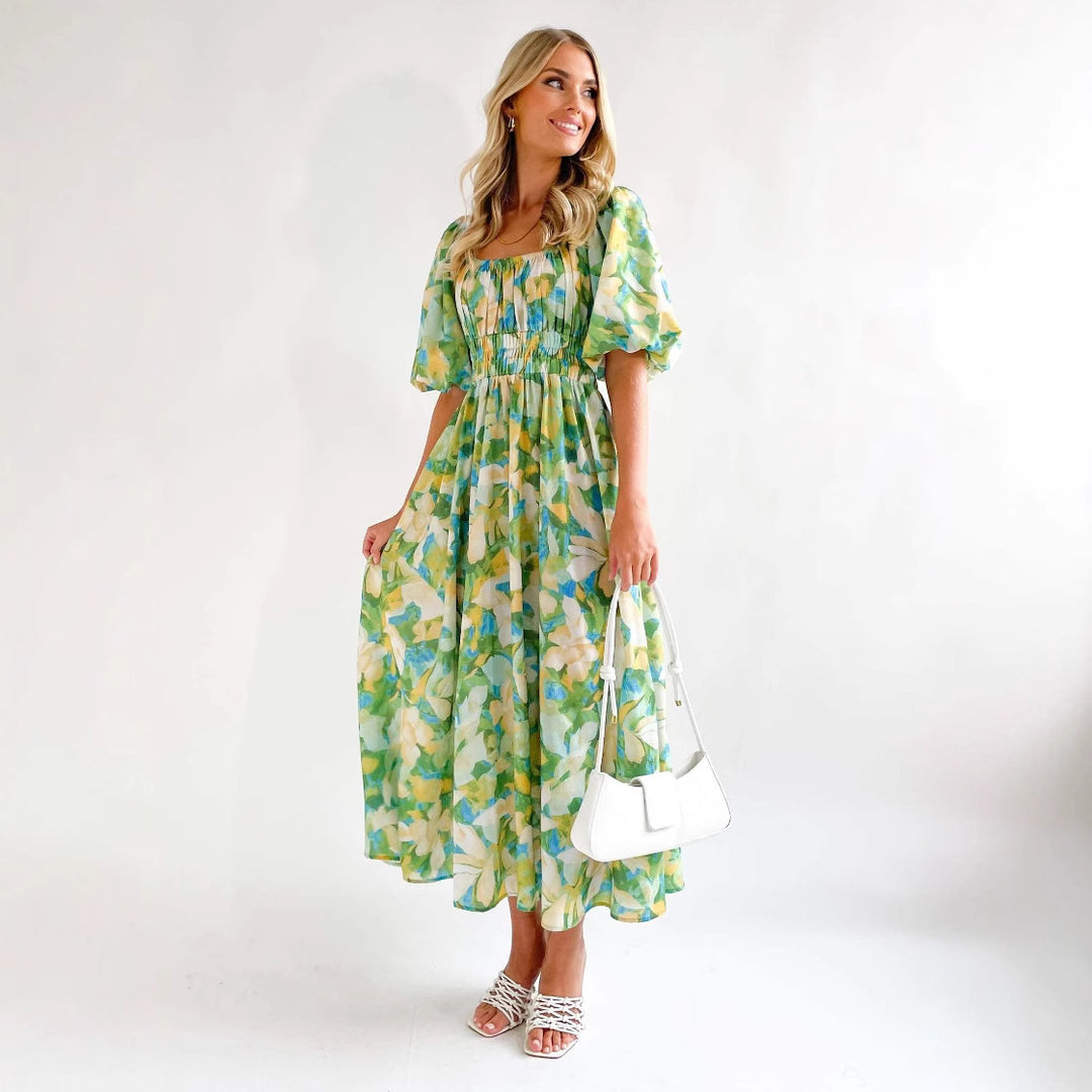 Damen Maxikleid mit luftigen Puffärmeln und floralem Design R&B