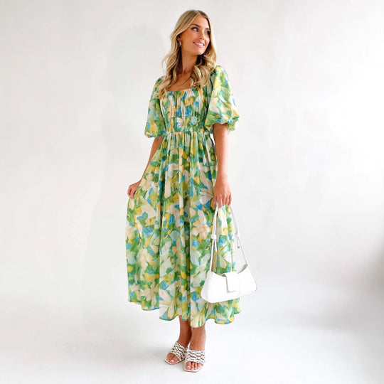 Damen Maxikleid mit luftigen Puffärmeln und floralem Design R&B