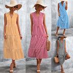 Damen Maxikleid mit gestreiftem Design, durchgehendem Knopfverschluss und voluminösem Saum R&B