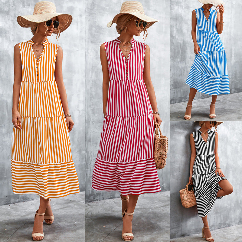 Damen Maxikleid mit gestreiftem Design, durchgehendem Knopfverschluss und voluminösem Saum R&B