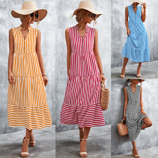 Damen Maxikleid mit gestreiftem Design, durchgehendem Knopfverschluss und voluminösem Saum R&B