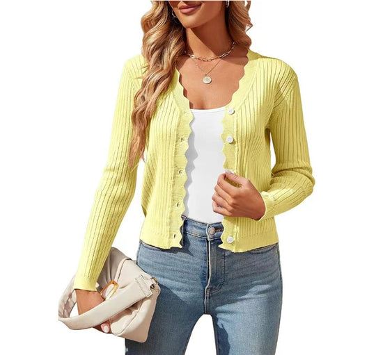 Damen elegante Strickjacke mit Wellenkante R&B
