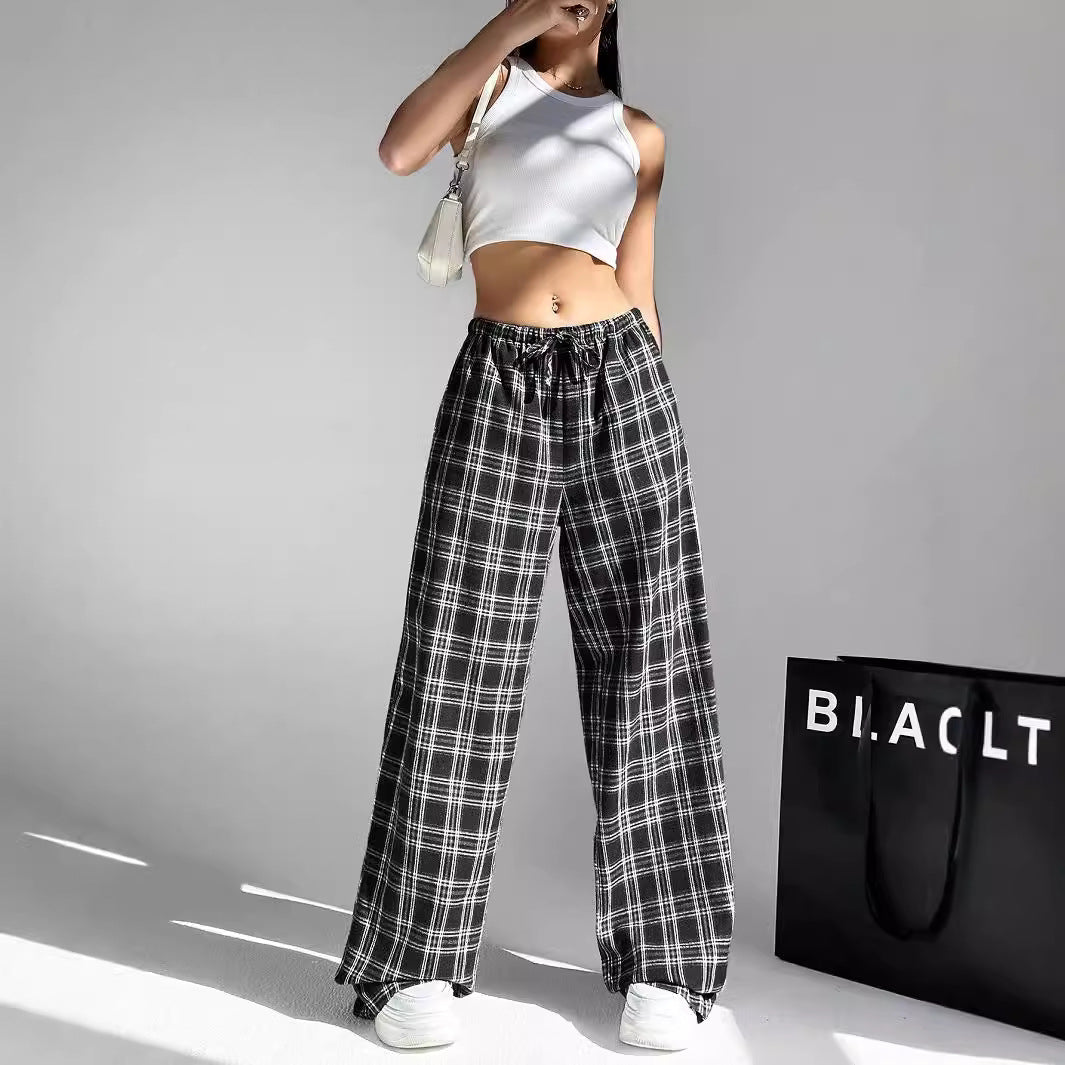 Damen weite Karo-Hose aus angenehmem Baumwollstoff mit Gummibund und seitlichen Taschen R&B