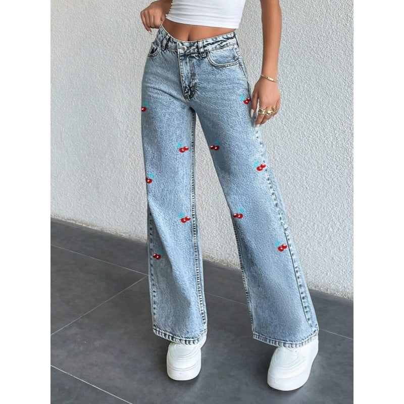 Damen Weit geschnittene Jeans im fruchtigem Stickdesign R&B
