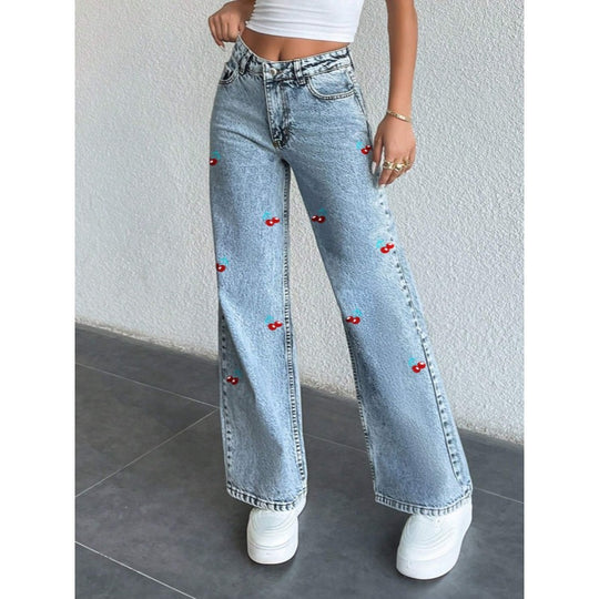 Damen Weit geschnittene Jeans im fruchtigem Stickdesign R&B
