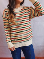 Damen lässiger Strickpullover mit buntem Rautenmuster und Rundhalsausschnitt R&B