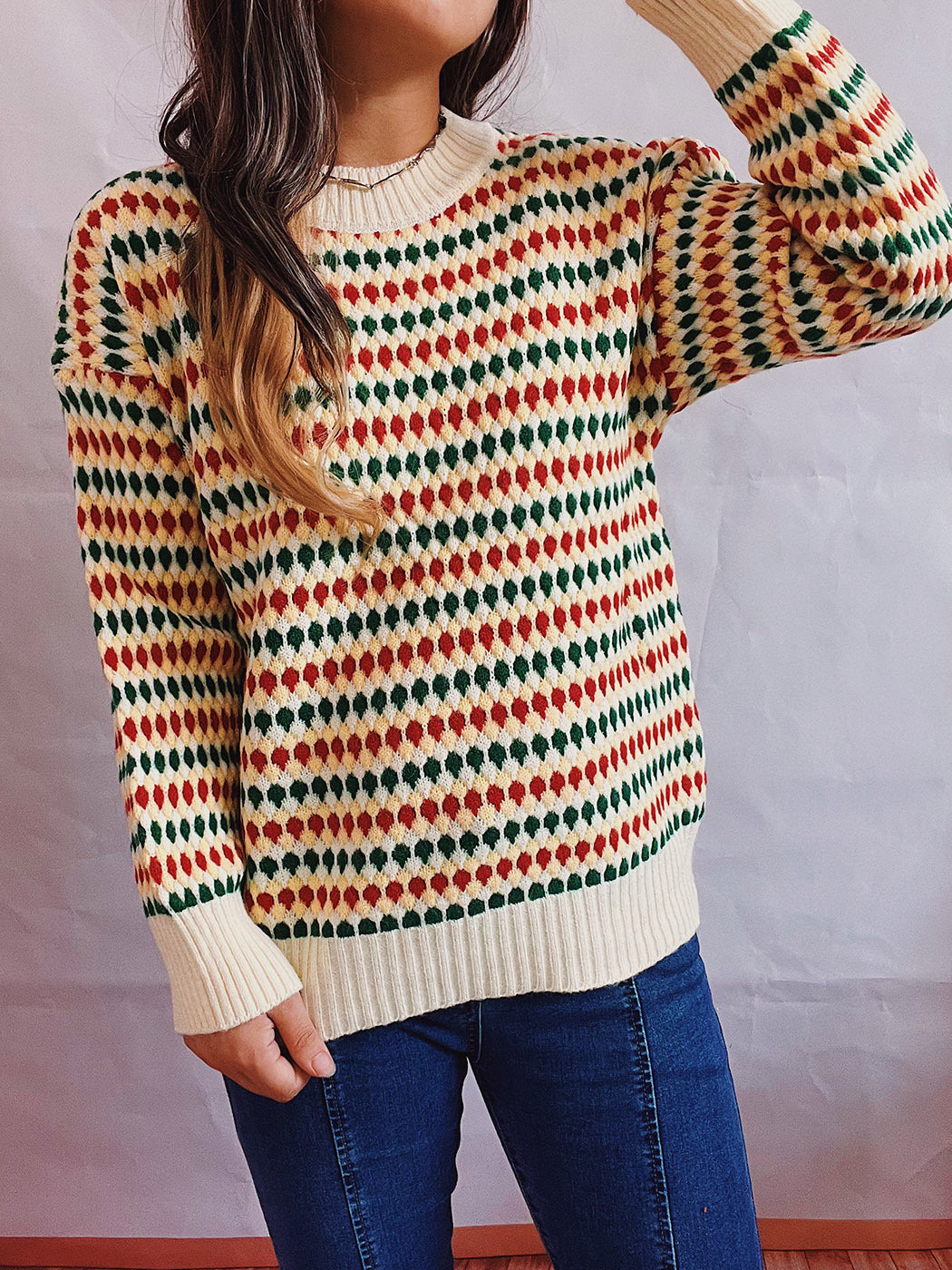 Damen lässiger Strickpullover mit buntem Rautenmuster und Rundhalsausschnitt R&B