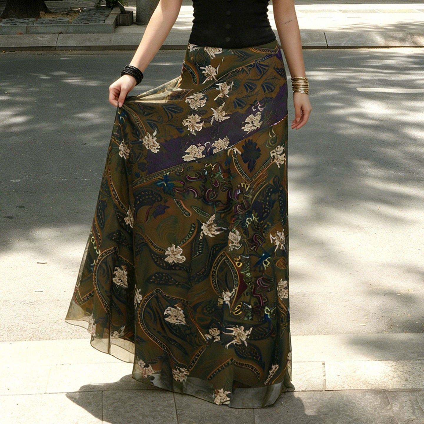 Damen Langer, eleganter Rock im Vintage-Stil mit floralem Muster und fließendem Schnitt R&B