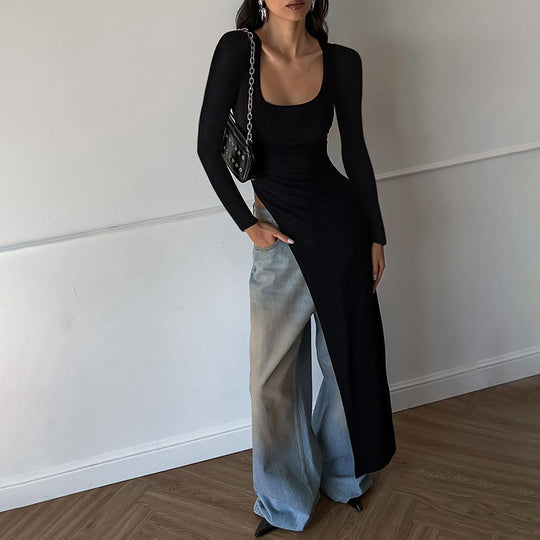 Damen asymmetrisches Langarm-Fashion-Kleid R&B