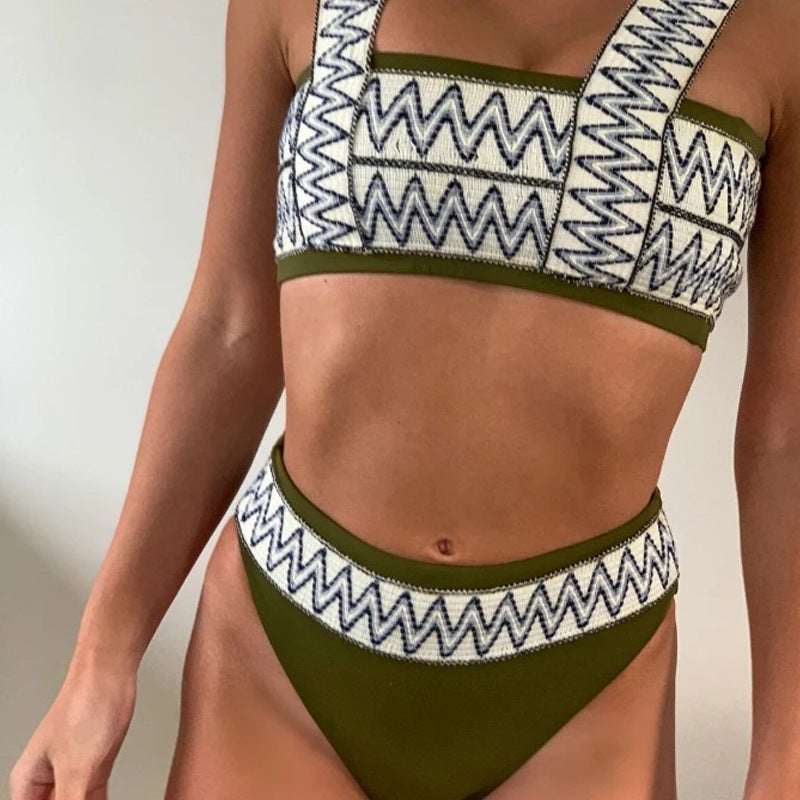 Damen Sportlicher Bikini mit breiten Trägern und geometrischem Muster R&B
