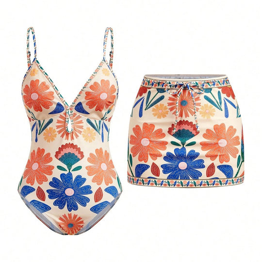 Damen Badeanzug mit floralem Design und abnehmbarem Rock R&B