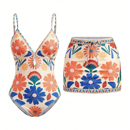 Damen Badeanzug mit floralem Design und abnehmbarem Rock R&B