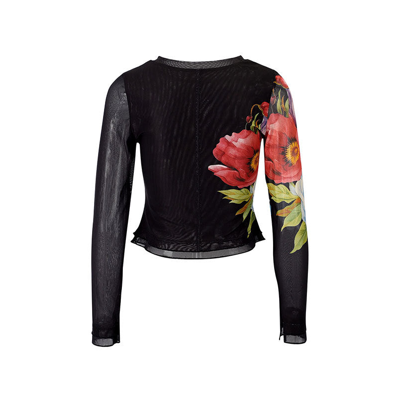 Damen Langarmshirt mit floralem Musterdruck und transparentem Stoff R&B