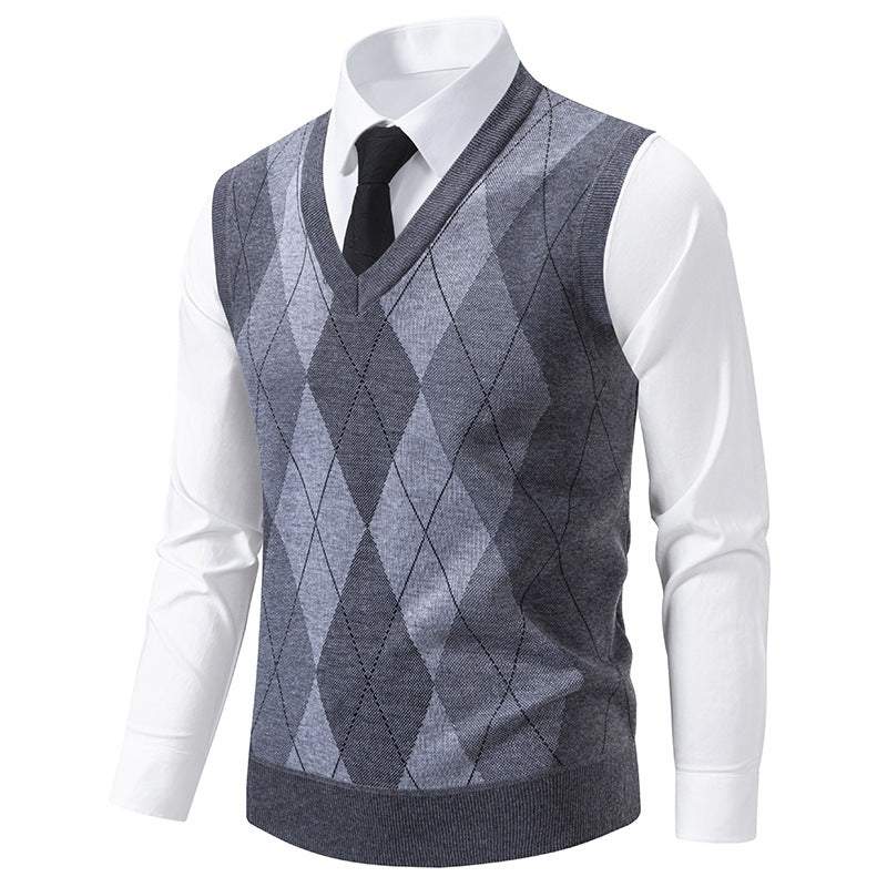 Herren V-Ausschnitt Strickpullover mit elegantem Rautenmuster