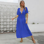 Damen elegantes Maxi-Kleid mit tiefem V-Ausschnitt und fließendem Rock R&B