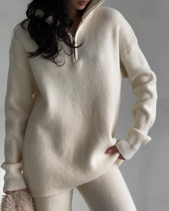 Damen trendiger Oversized Strickpullover mit Zipper und langen Ärmeln R&B