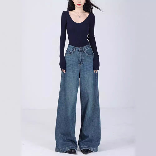 Damen Weite High-Waist Jeans mit tiefem Schritt und elegantem Schnitt R&B